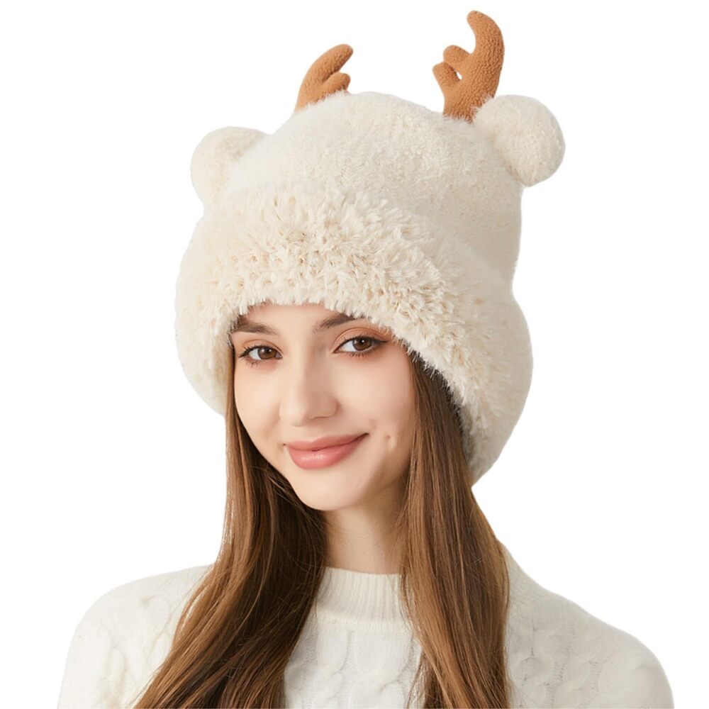 3177 Cute Reindeer Antlers Knitted Beanie Hats Girls Warm Fluffy Winter Hat